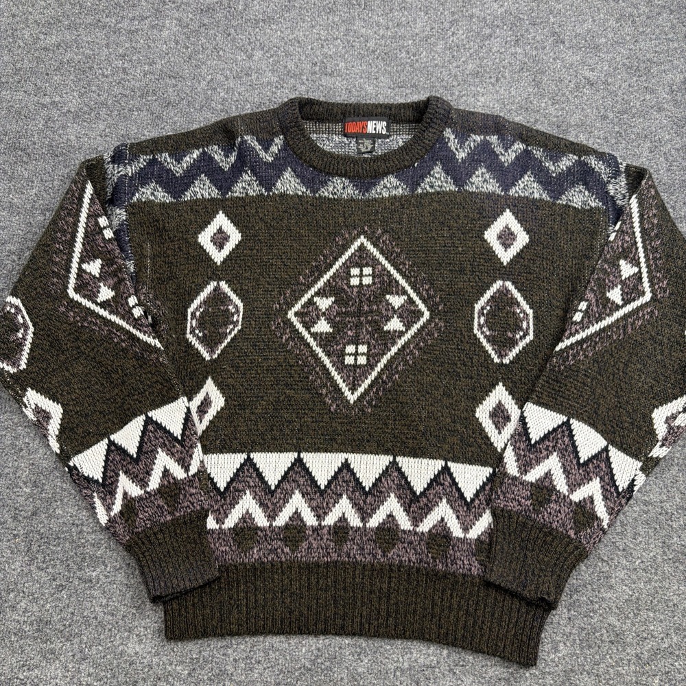 Vintage 90s Todays News Sweater Abstract Size L Knit Acrylic Grandpa Geometric